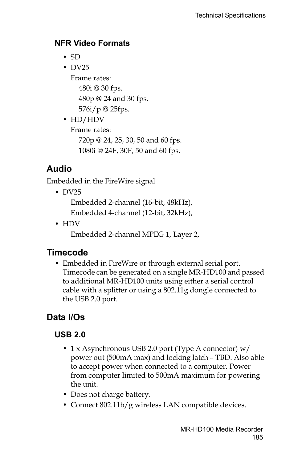 Audio, Timecode, Data i/os | Nfr video formats, Audio timecode data i/os, Usb 2.0 | FOCUS Enhancements MR-HD100 User Manual | Page 205 / 224