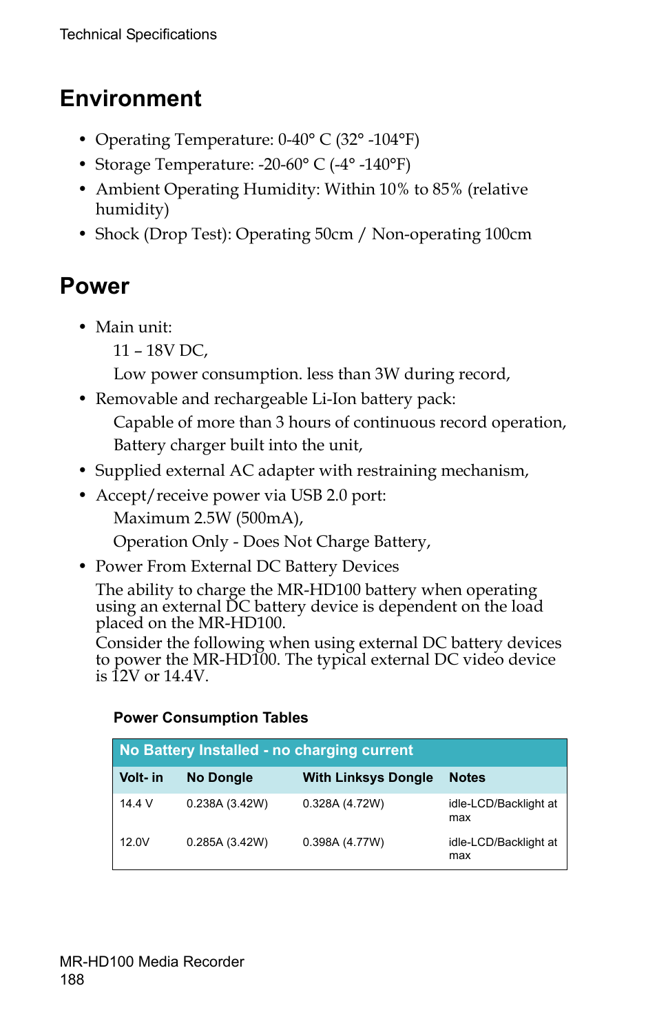 Environment, Power, Environment power | FOCUS Enhancements MR-HD100 User Manual | Page 208 / 224