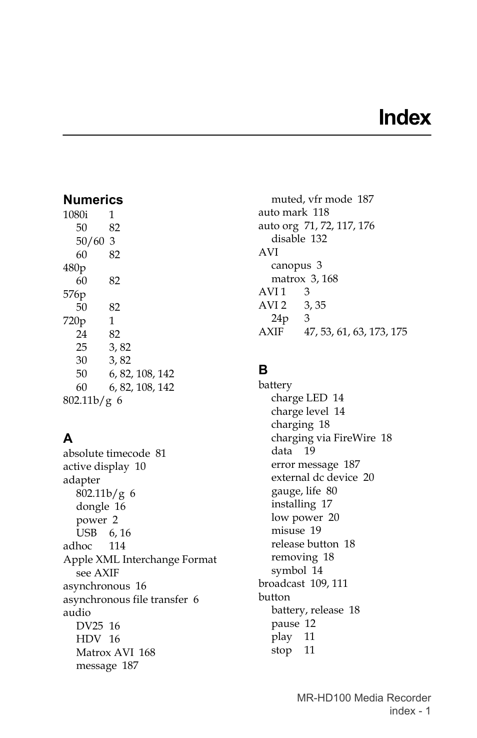 Index, Numerics | FOCUS Enhancements MR-HD100 User Manual | Page 211 / 224