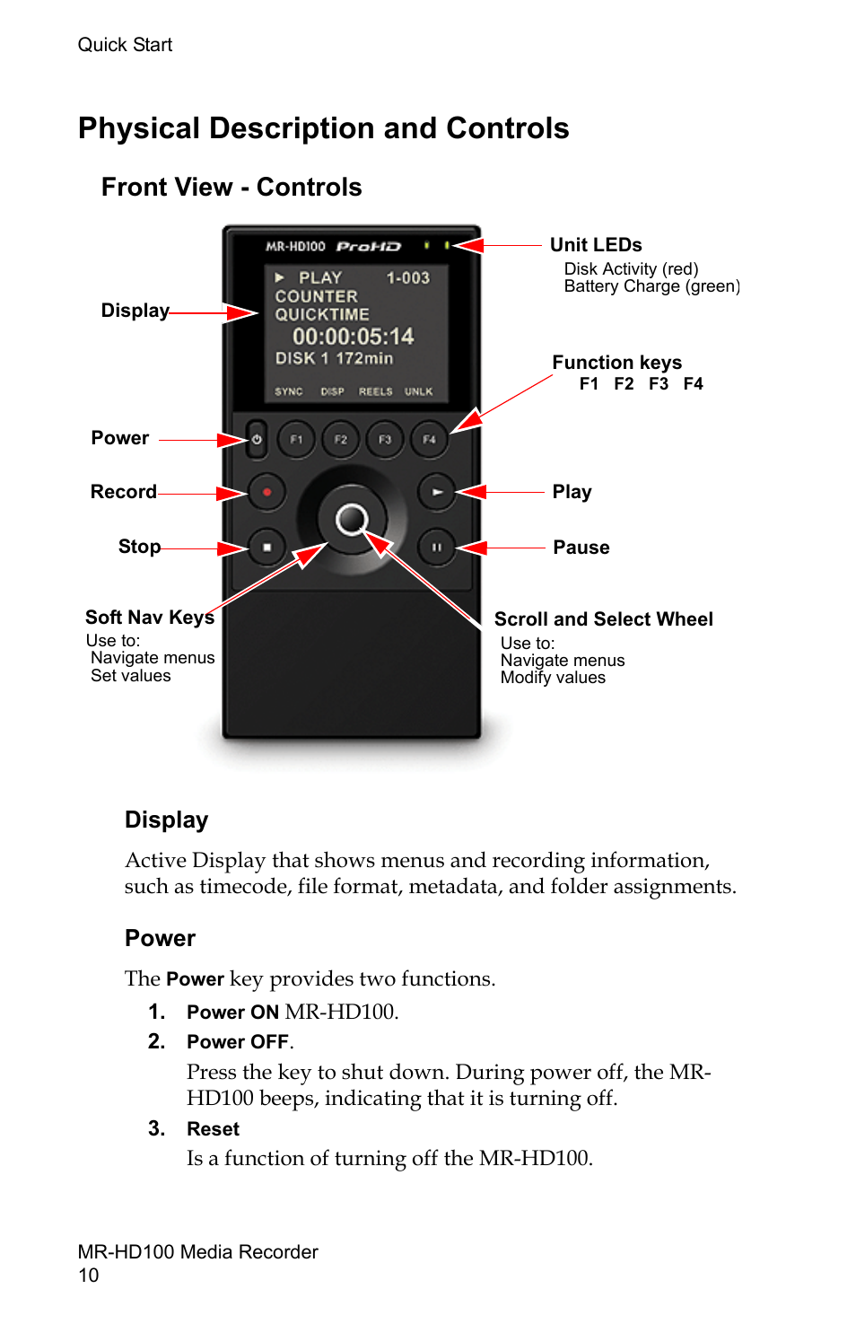 Physical description and controls, Front view - controls, Display power | Display, Power | FOCUS Enhancements MR-HD100 User Manual | Page 30 / 224