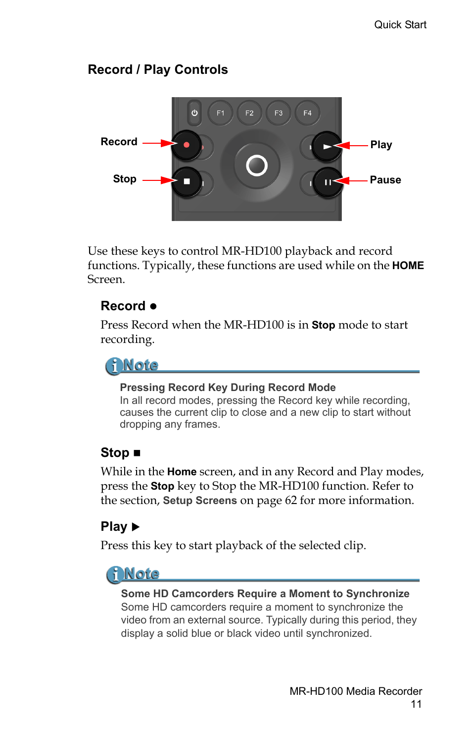 Record / play controls, Record stop play, Record | Stop, Play | FOCUS Enhancements MR-HD100 User Manual | Page 31 / 224