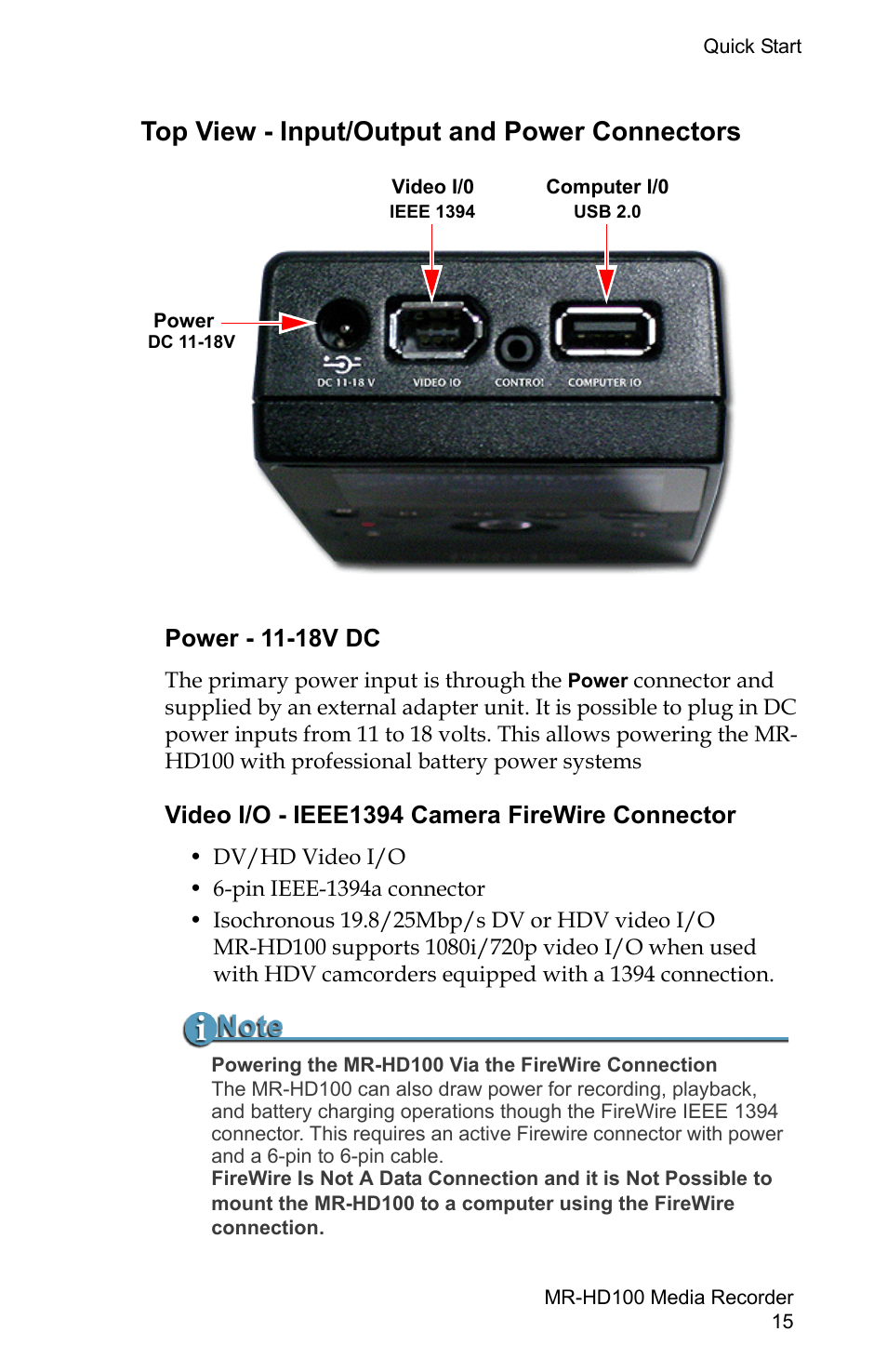 Top view - input/output and power connectors, Power - 11-18v dc, Video i/o - ieee1394 camera firewire connector | FOCUS Enhancements MR-HD100 User Manual | Page 35 / 224