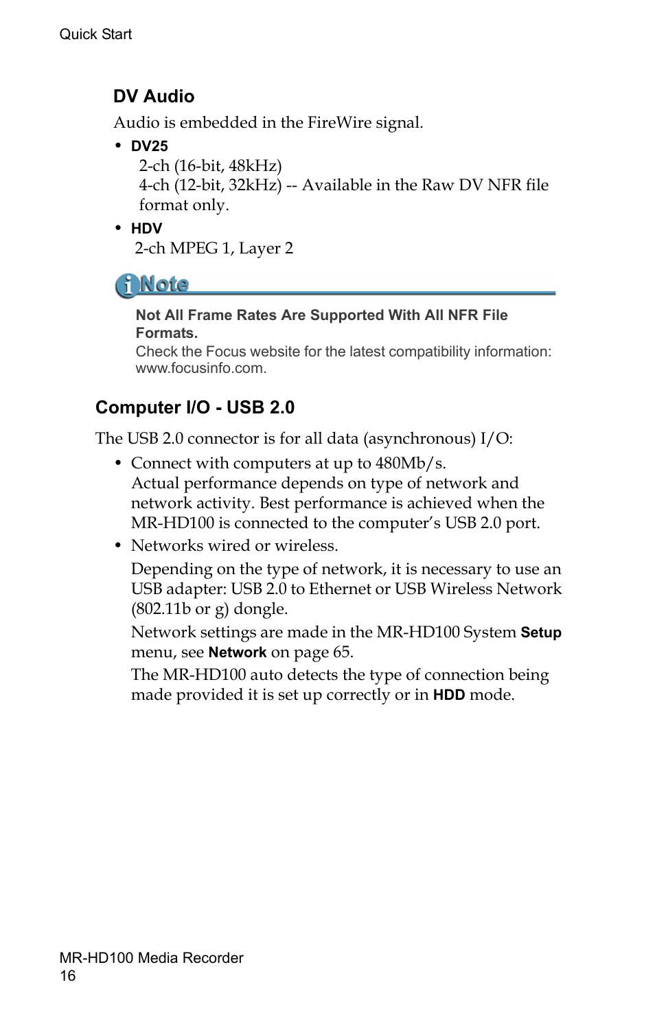 Dv audio, Computer i/o - usb 2.0 | FOCUS Enhancements MR-HD100 User Manual | Page 36 / 224