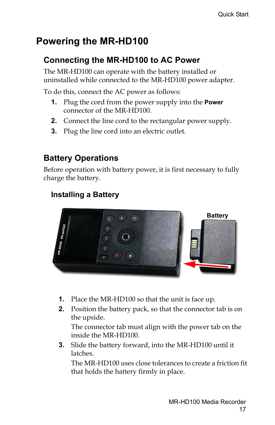 Powering the mr-hd100, Connecting the mr-hd100 to ac power, Battery operations | Installing a battery | FOCUS Enhancements MR-HD100 User Manual | Page 37 / 224