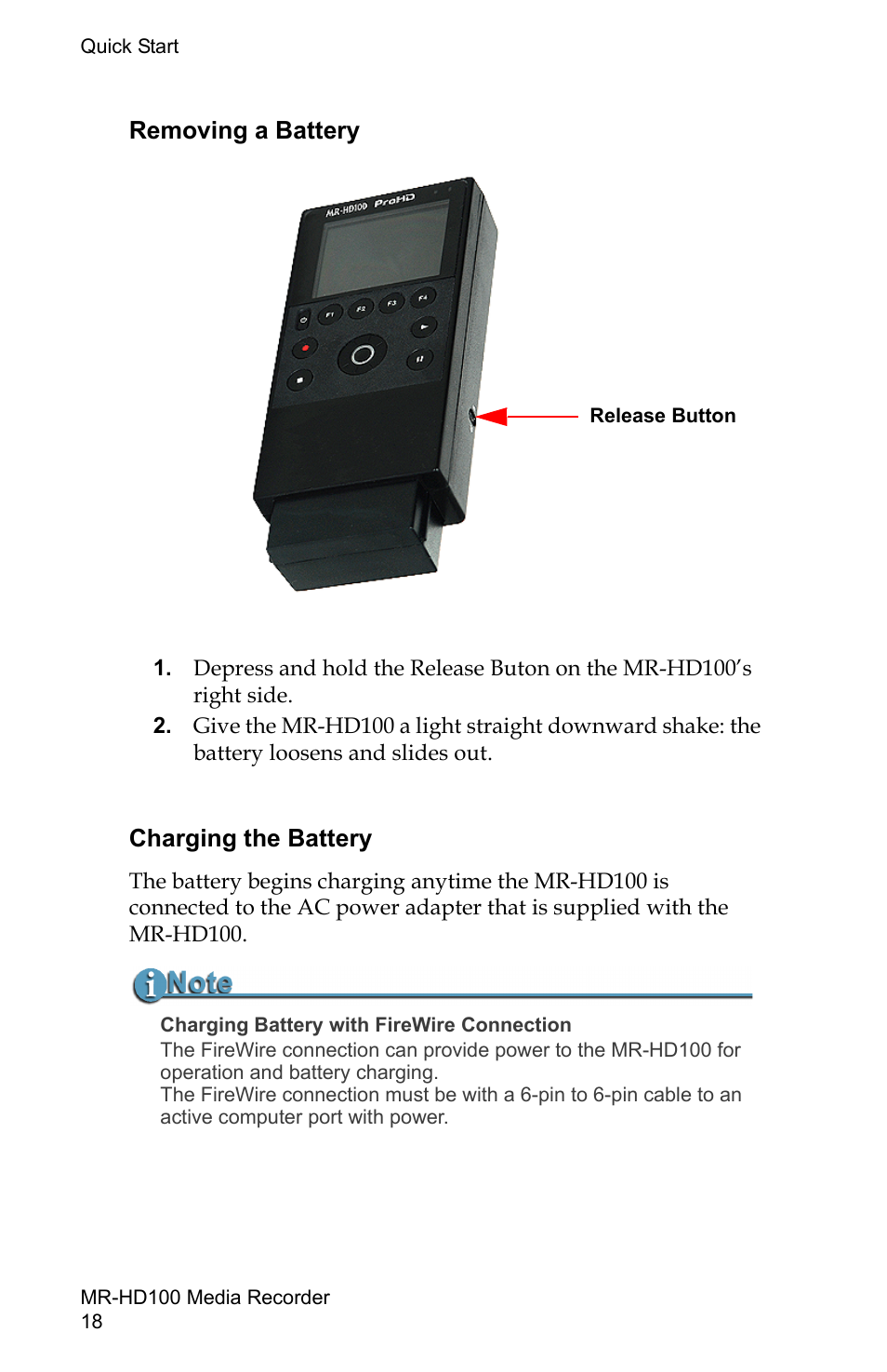 Removing a battery charging the battery, Removing a battery, Charging the battery | FOCUS Enhancements MR-HD100 User Manual | Page 38 / 224