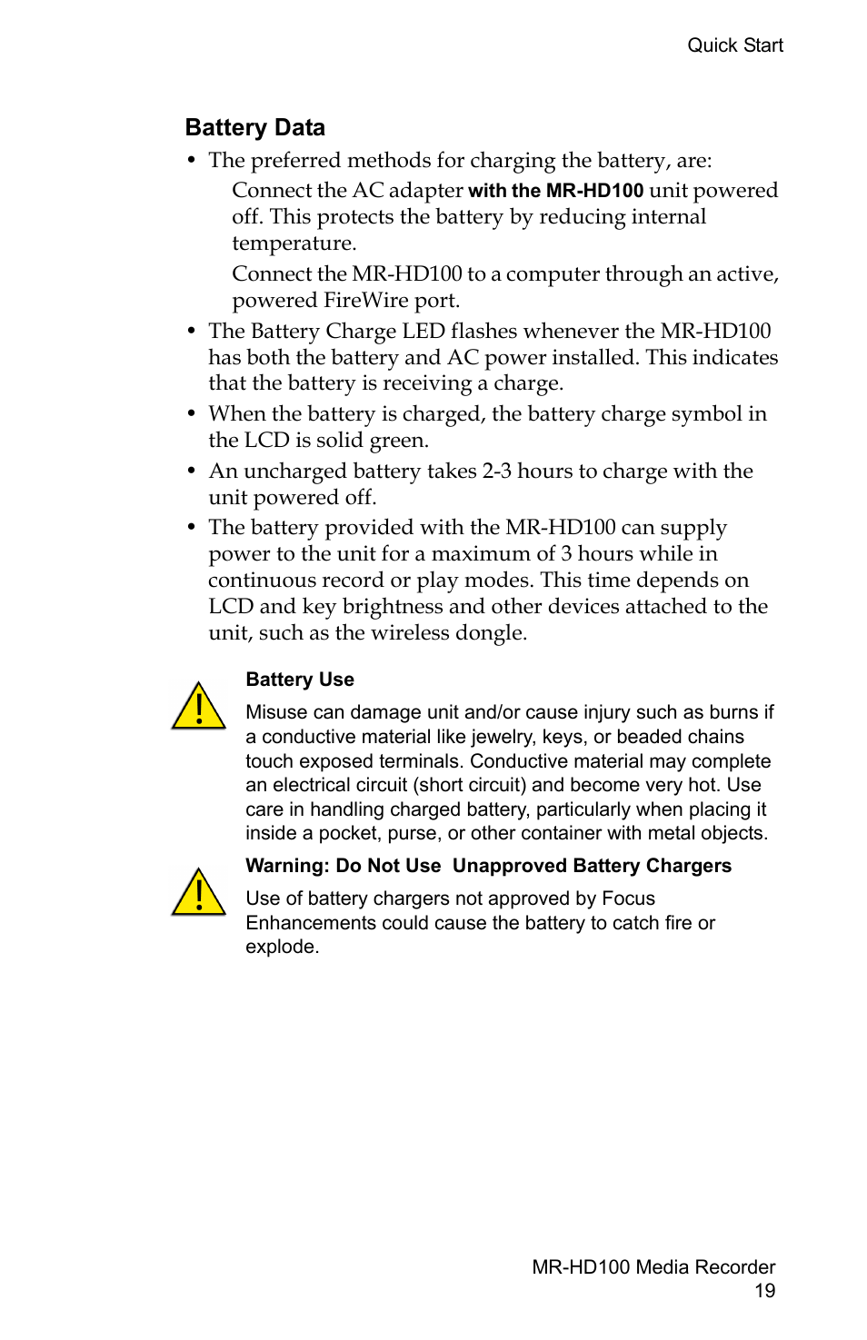 Battery data | FOCUS Enhancements MR-HD100 User Manual | Page 39 / 224