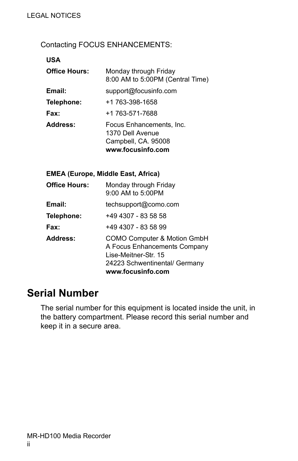 Serial number | FOCUS Enhancements MR-HD100 User Manual | Page 4 / 224