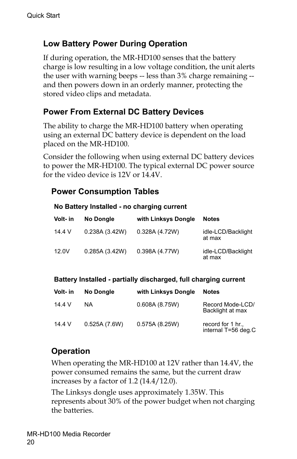 Power consumption tables operation, Low battery power during operation, Power from external dc battery devices | Power consumption tables, Operation | FOCUS Enhancements MR-HD100 User Manual | Page 40 / 224