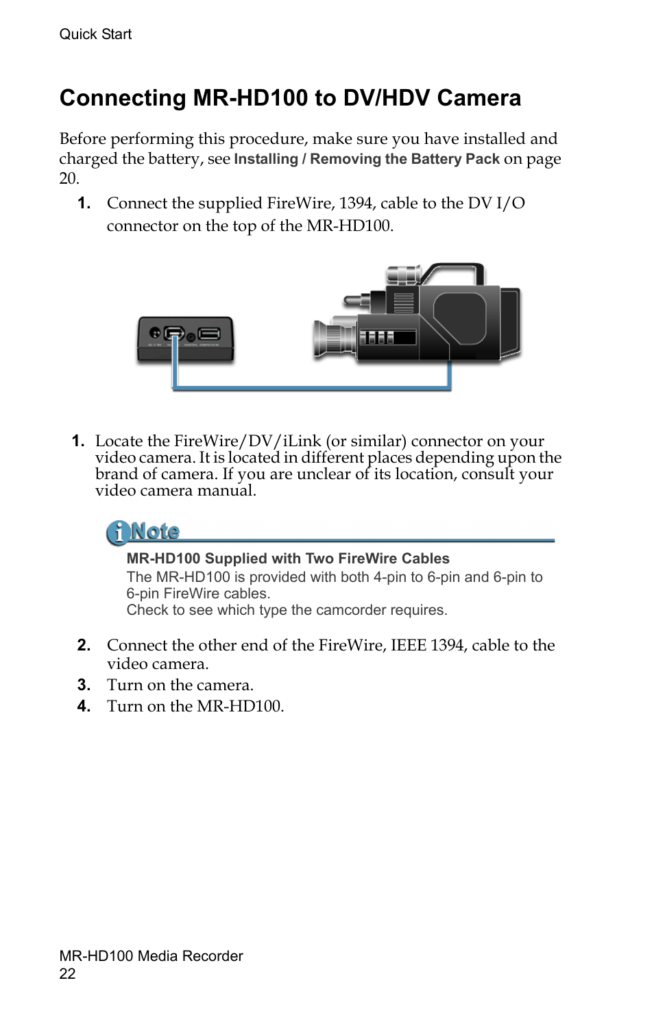 Connecting mr-hd100 to dv/hdv camera | FOCUS Enhancements MR-HD100 User Manual | Page 42 / 224