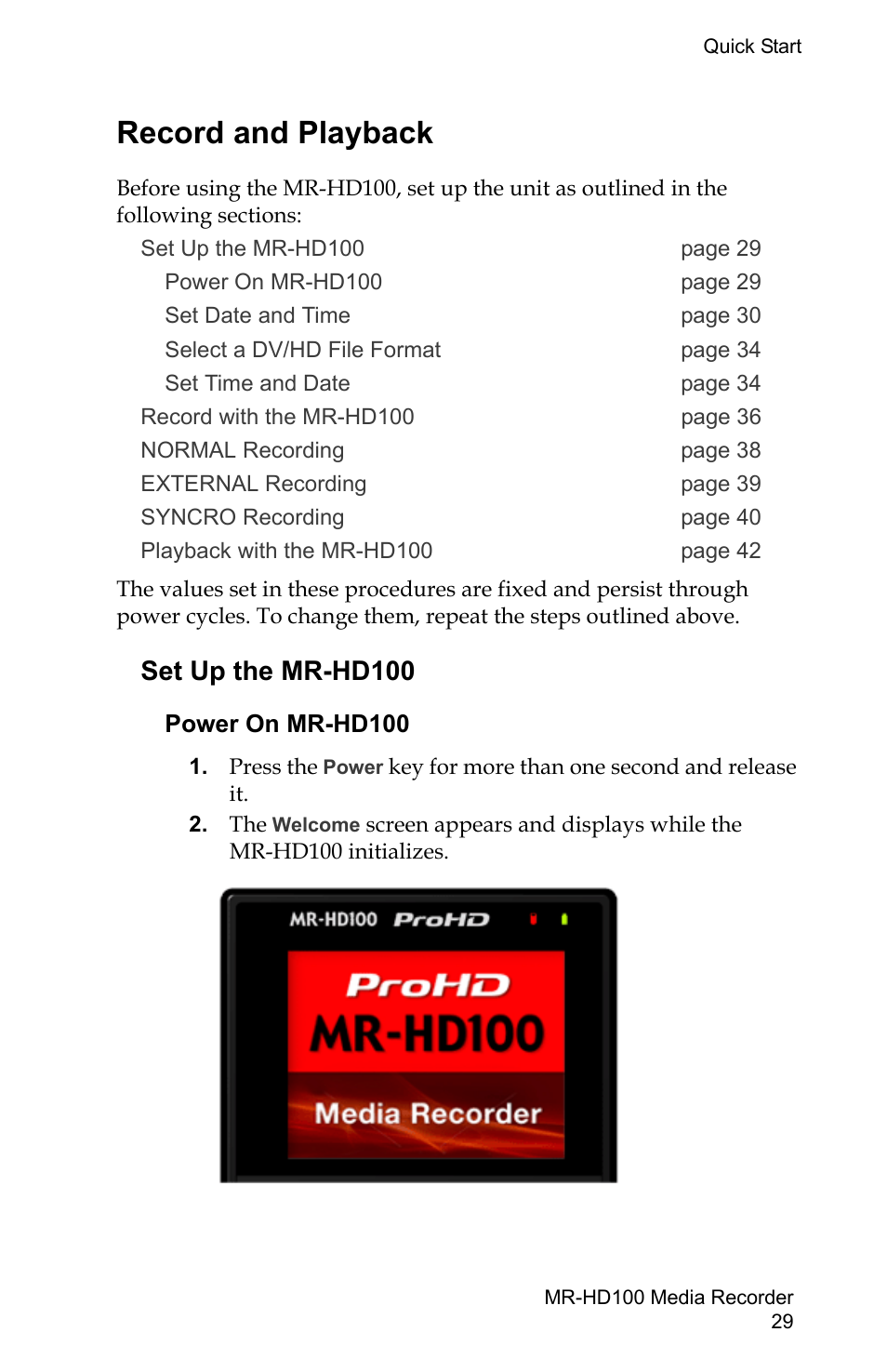 Record and playback, Set up the mr-hd100, Power on mr-hd100 | FOCUS Enhancements MR-HD100 User Manual | Page 49 / 224