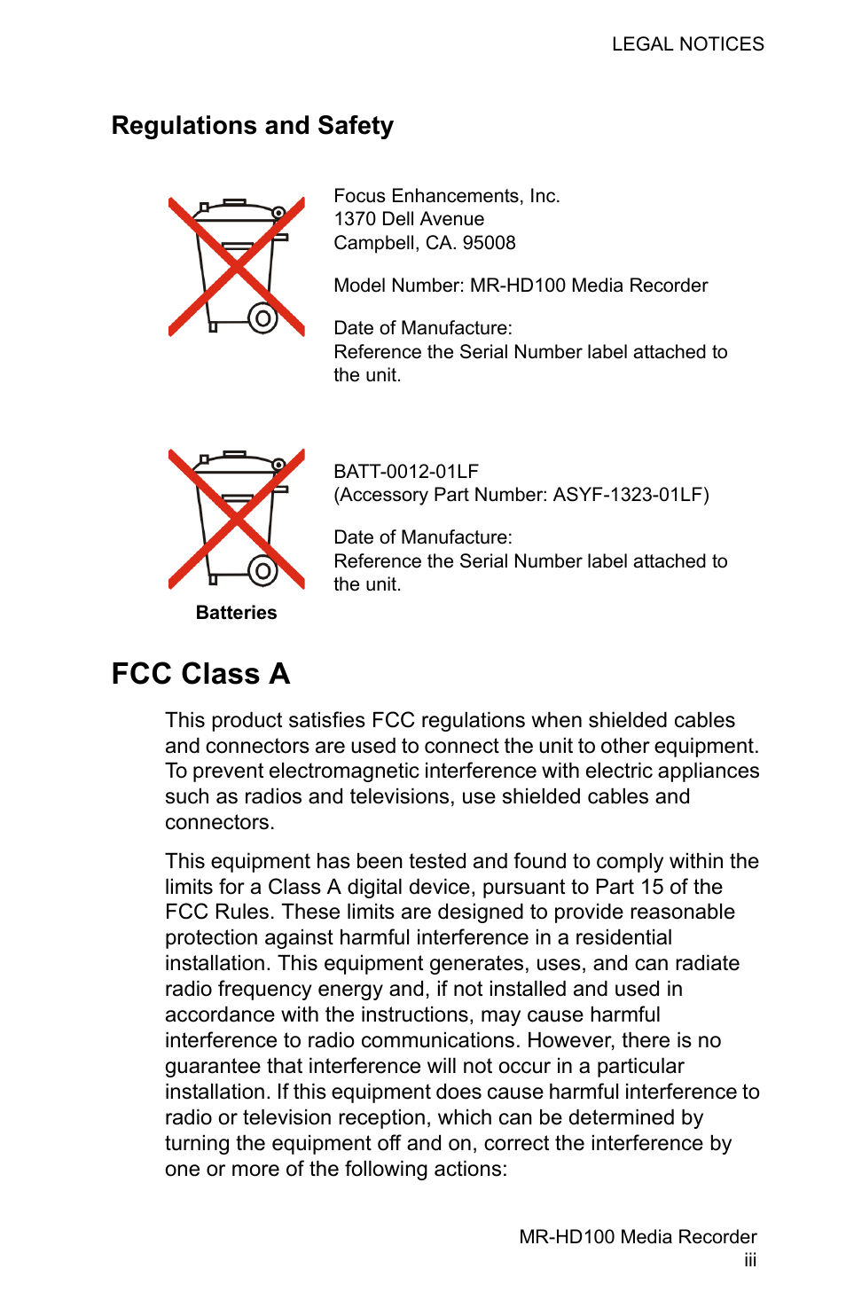 Fcc class a, Regulations and safety | FOCUS Enhancements MR-HD100 User Manual | Page 5 / 224