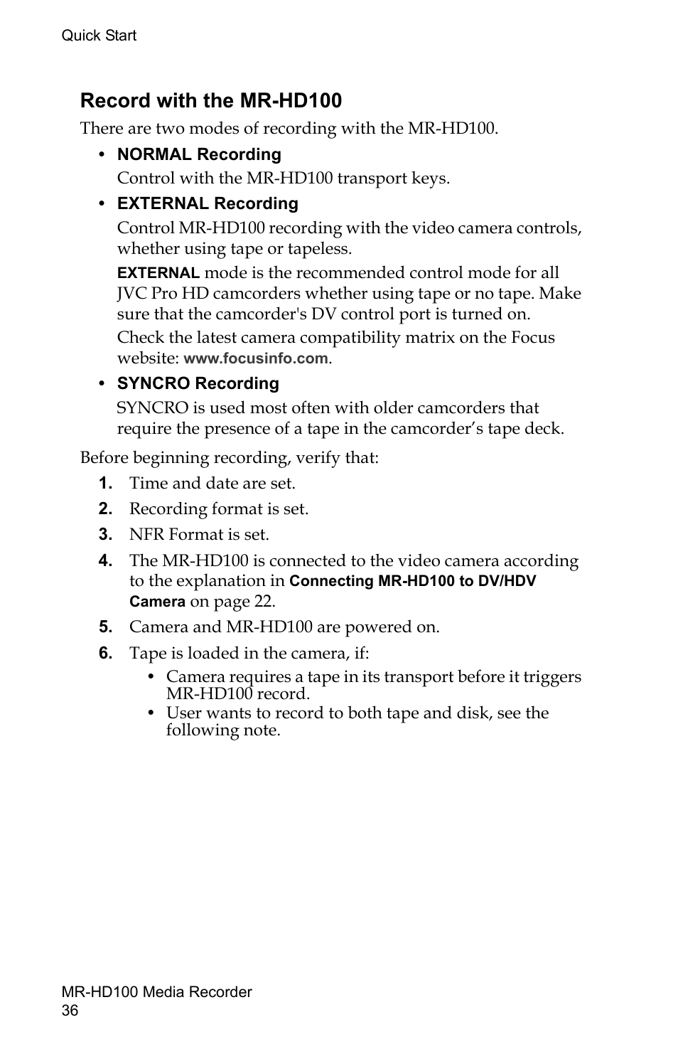 Record with the mr-hd100 | FOCUS Enhancements MR-HD100 User Manual | Page 56 / 224