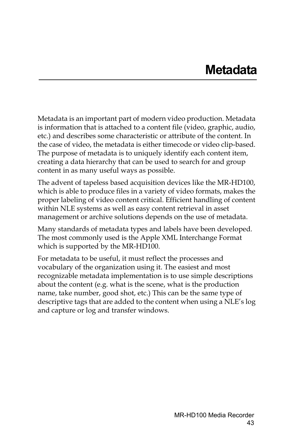 Metadata | FOCUS Enhancements MR-HD100 User Manual | Page 63 / 224