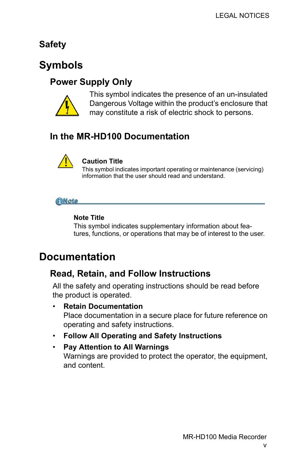 Symbols, Documentation, Safety | Power supply only, Read, retain, and follow instructions | FOCUS Enhancements MR-HD100 User Manual | Page 7 / 224