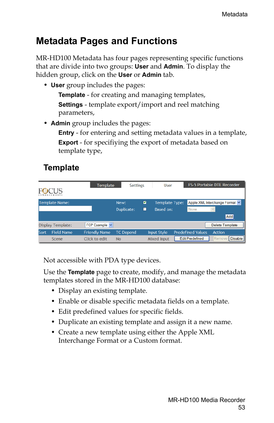 Template, Metadata pages and functions | FOCUS Enhancements MR-HD100 User Manual | Page 73 / 224