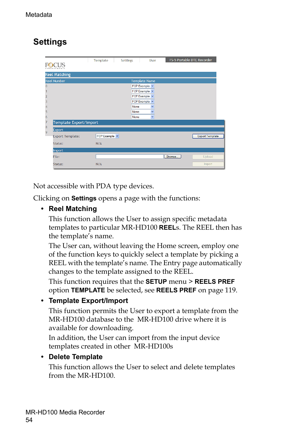 Settings | FOCUS Enhancements MR-HD100 User Manual | Page 74 / 224