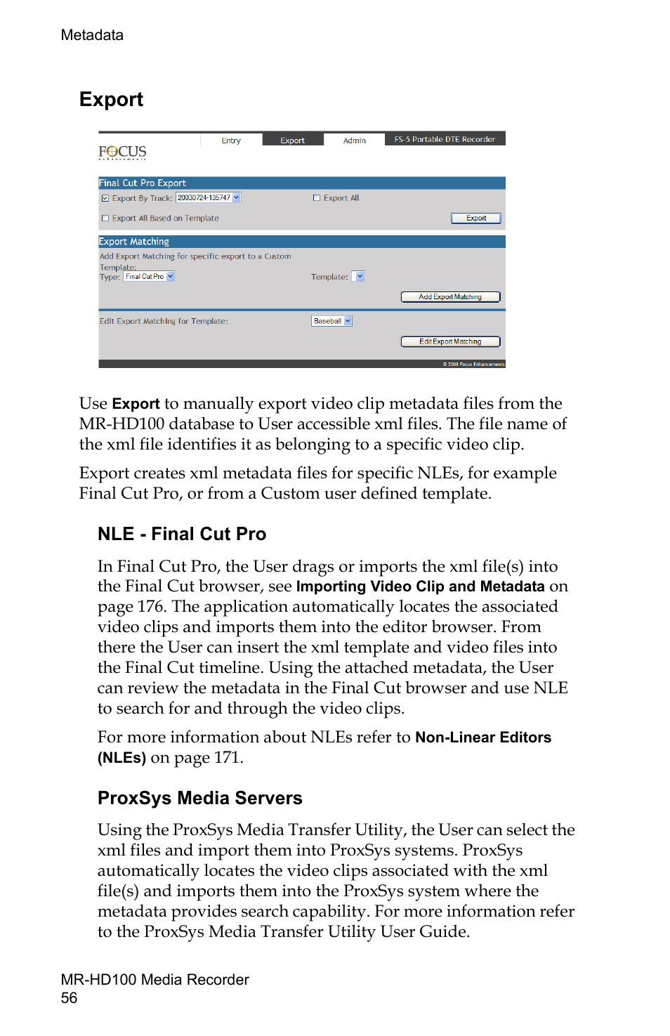 Export, Nle - final cut pro proxsys media servers | FOCUS Enhancements MR-HD100 User Manual | Page 76 / 224