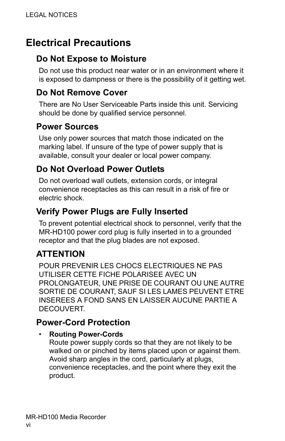 Electrical precautions | FOCUS Enhancements MR-HD100 User Manual | Page 8 / 224