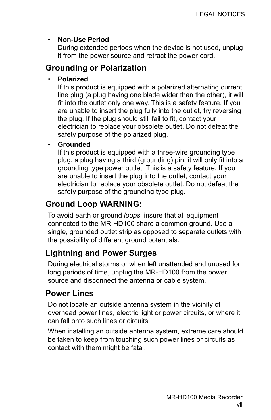 Grounding or polarization, Ground loop warning, Lightning and power surges | Power lines | FOCUS Enhancements MR-HD100 User Manual | Page 9 / 224