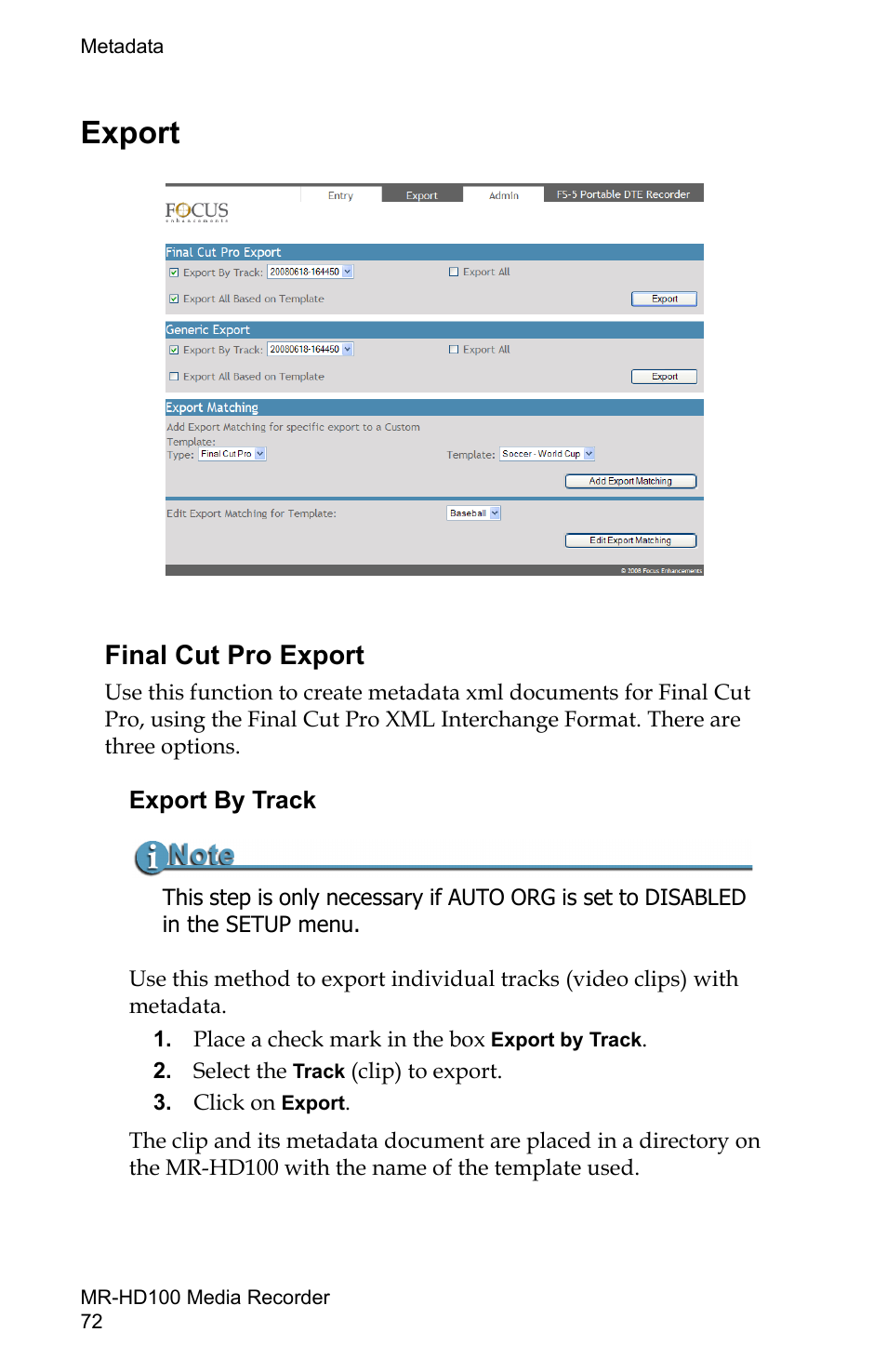 Export, Final cut pro export, Export by track | FOCUS Enhancements MR-HD100 User Manual | Page 92 / 224