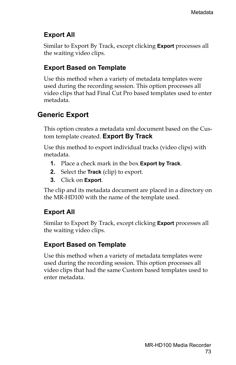 Generic export, Export all export based on template | FOCUS Enhancements MR-HD100 User Manual | Page 93 / 224
