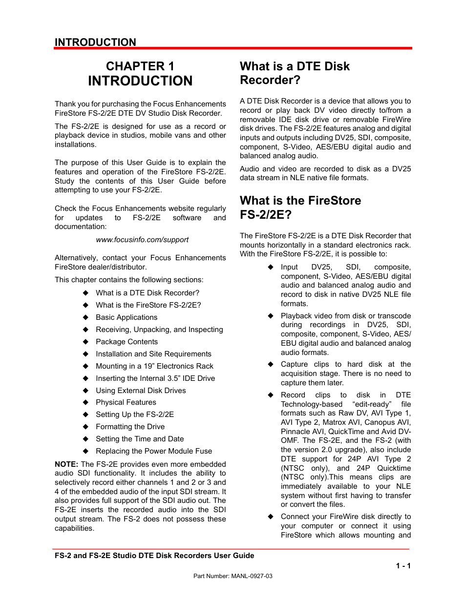 Chapter 1, What is a dte disk recorder, What is the firestore fs-2/2e | Introduction | FOCUS Enhancements FS-2/2E User Manual | Page 12 / 71