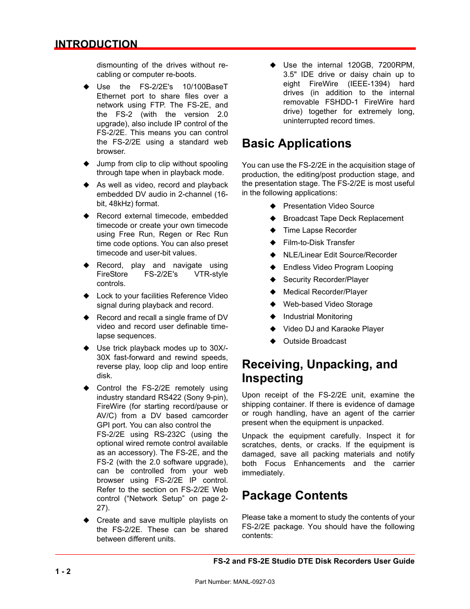 Basic applications, Receiving, unpacking, and inspecting, Package contents | Introduction | FOCUS Enhancements FS-2/2E User Manual | Page 13 / 71