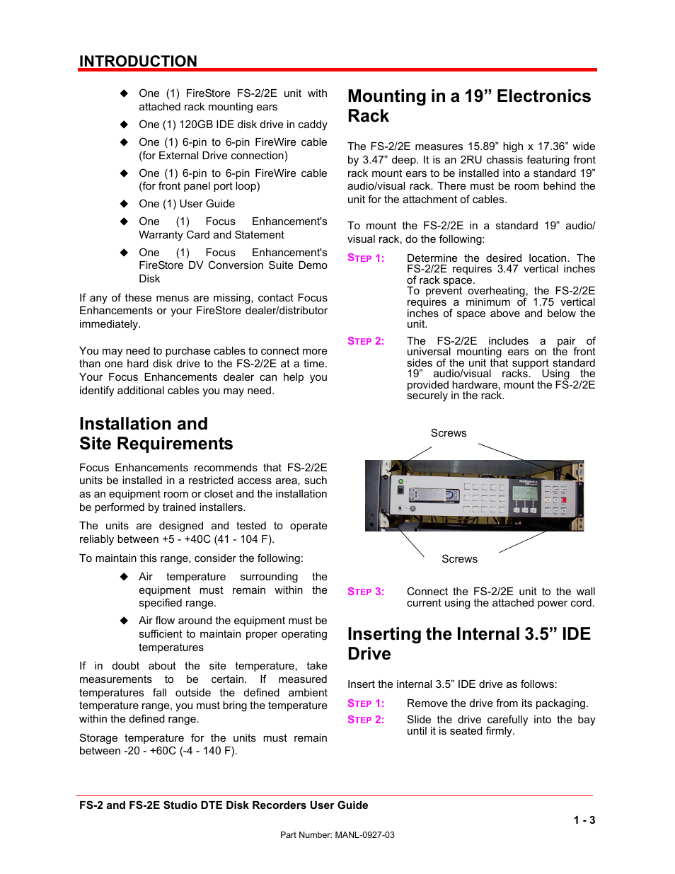 Installation and site requirements, Mounting in a 19” electronics rack, Inserting the internal 3.5” ide drive | Introduction | FOCUS Enhancements FS-2/2E User Manual | Page 14 / 71