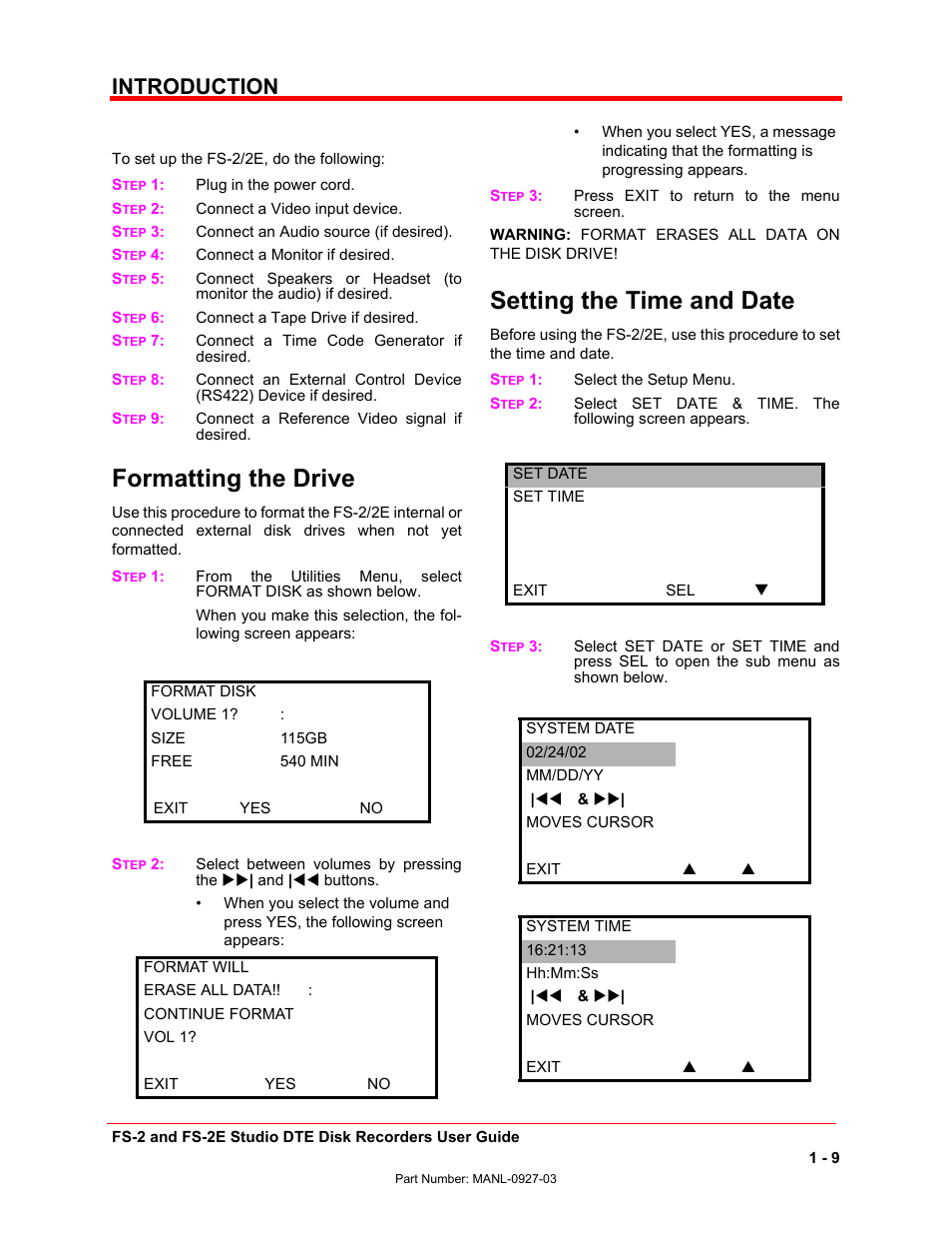 Formatting the drive, Setting the time and date, Introduction | FOCUS Enhancements FS-2/2E User Manual | Page 20 / 71