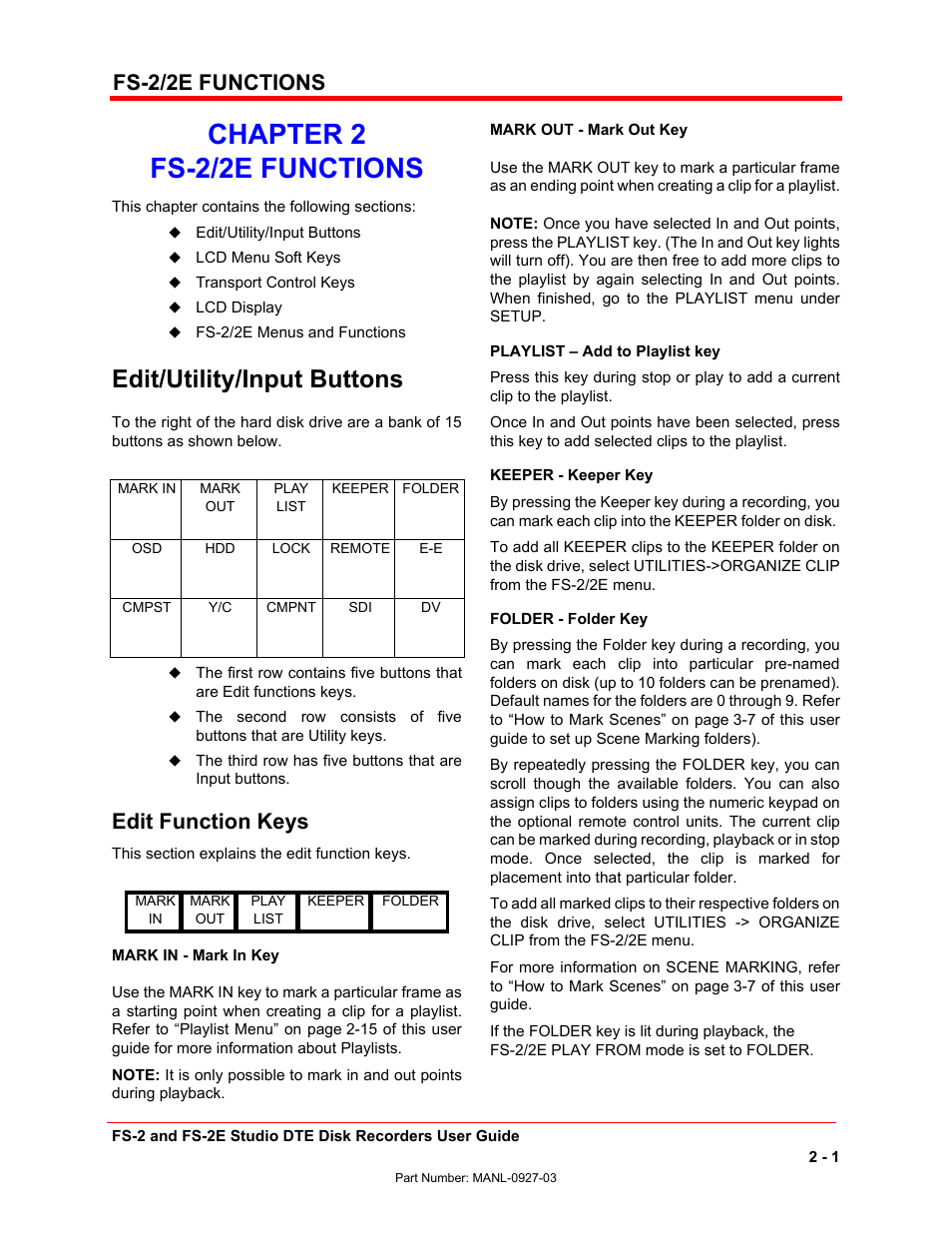 Chapter 2 fs-2/2e functions, Edit/utility/input buttons, Fs-2/2e functions | Edit function keys | FOCUS Enhancements FS-2/2E User Manual | Page 22 / 71