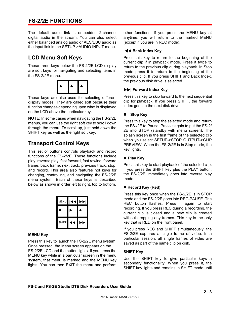 Fs-2/2e functions, Lcd menu soft keys, Transport control keys | FOCUS Enhancements FS-2/2E User Manual | Page 24 / 71