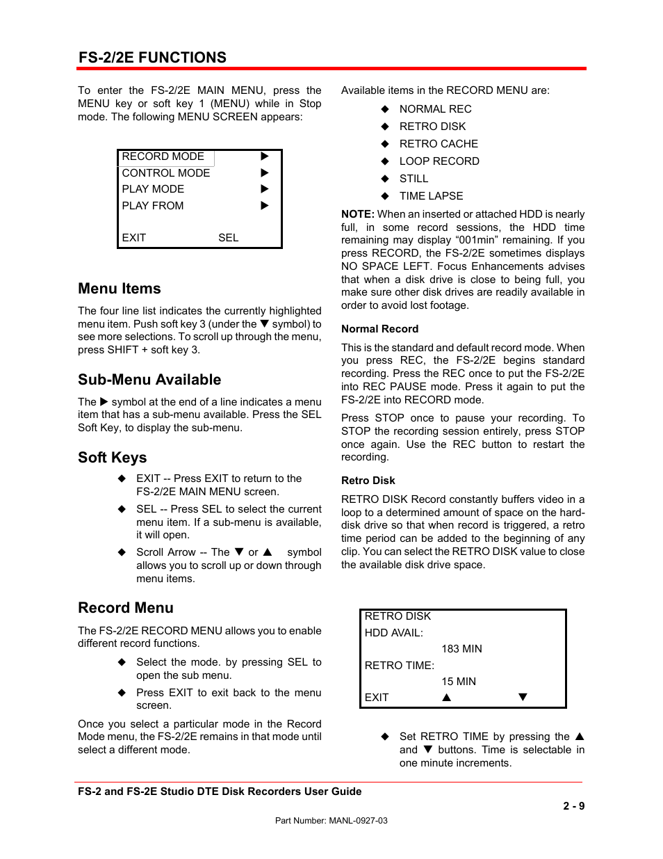 Fs-2/2e functions, Menu items, Sub-menu available | Soft keys, Record menu | FOCUS Enhancements FS-2/2E User Manual | Page 30 / 71
