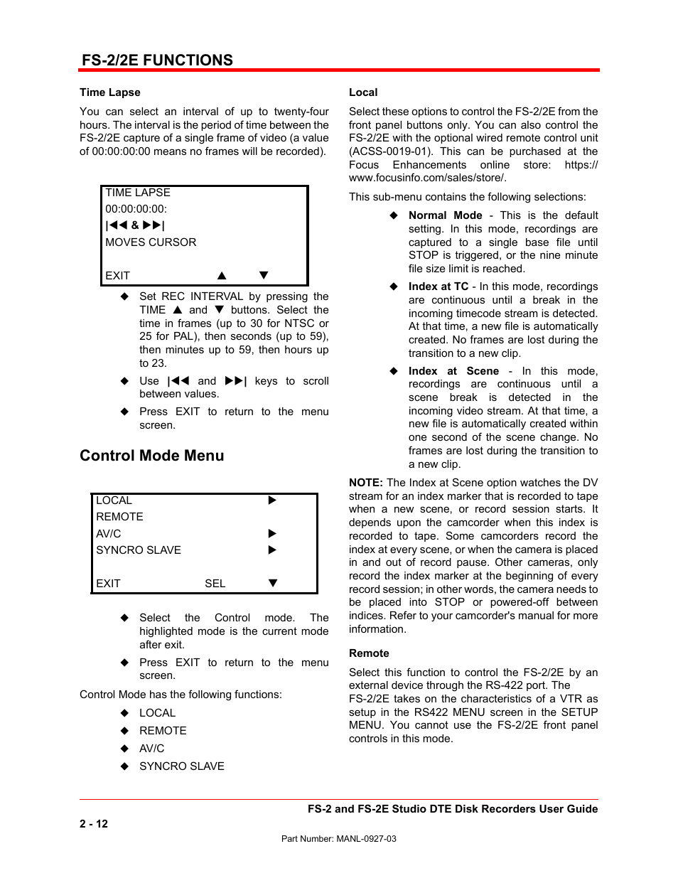 Fs-2/2e functions, Control mode menu | FOCUS Enhancements FS-2/2E User Manual | Page 33 / 71
