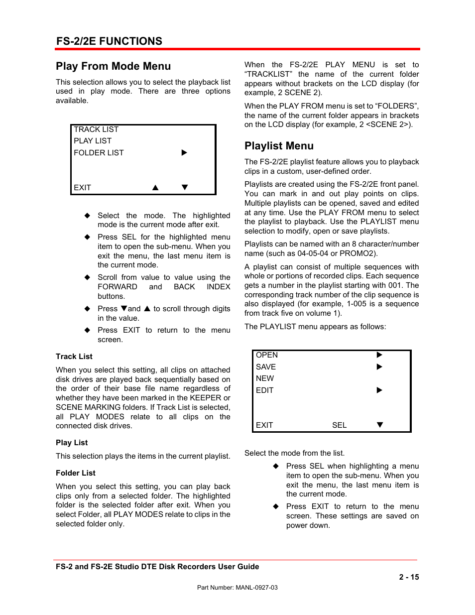 Fs-2/2e functions play from mode menu, Playlist menu | FOCUS Enhancements FS-2/2E User Manual | Page 36 / 71