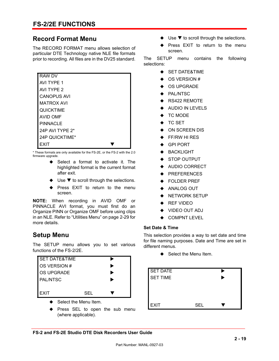 Fs-2/2e functions record format menu, Setup menu | FOCUS Enhancements FS-2/2E User Manual | Page 40 / 71