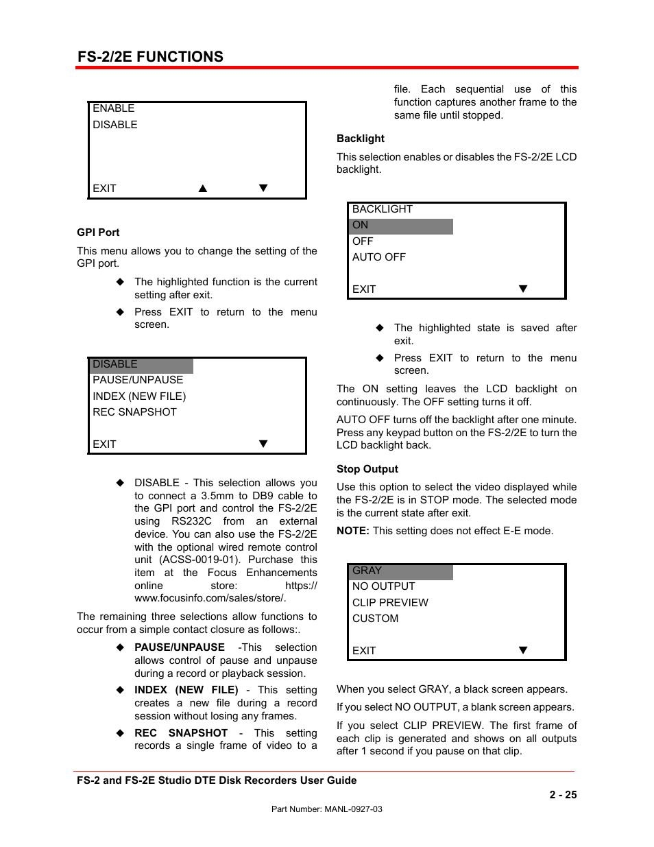 Fs-2/2e functions | FOCUS Enhancements FS-2/2E User Manual | Page 46 / 71