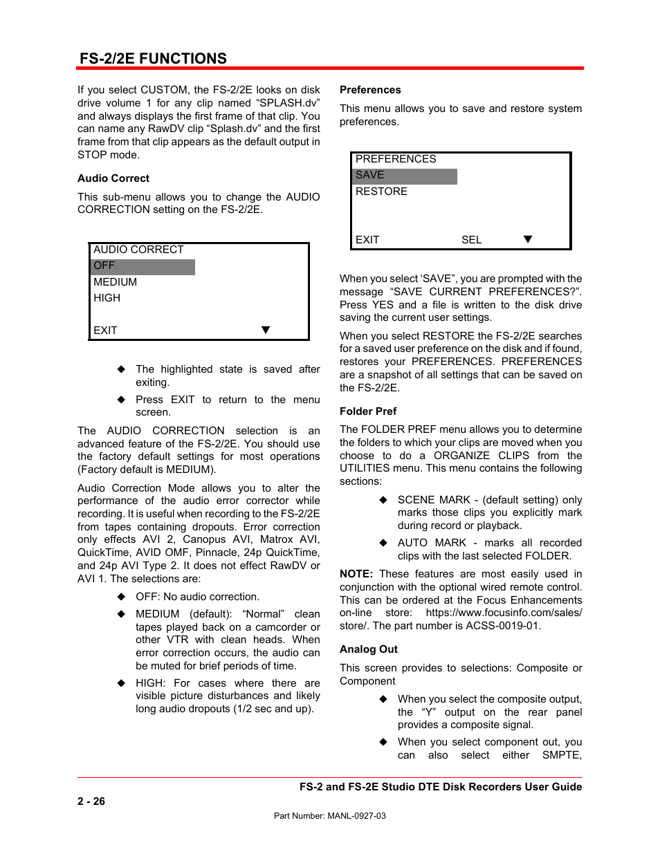 Fs-2/2e functions | FOCUS Enhancements FS-2/2E User Manual | Page 47 / 71