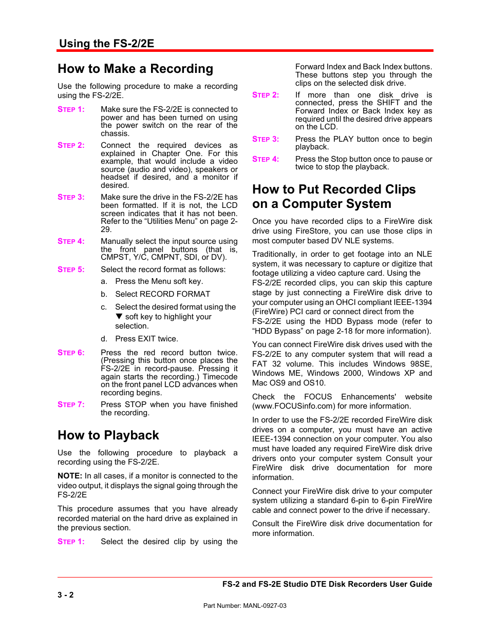 How to make a recording, How to playback, How to put recorded clips on a computer system | Using the fs-2/2e | FOCUS Enhancements FS-2/2E User Manual | Page 55 / 71