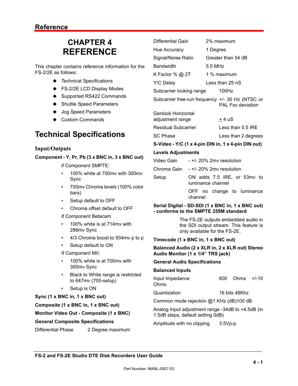 Chapter 4, Technical specifications, Reference | FOCUS Enhancements FS-2/2E User Manual | Page 62 / 71