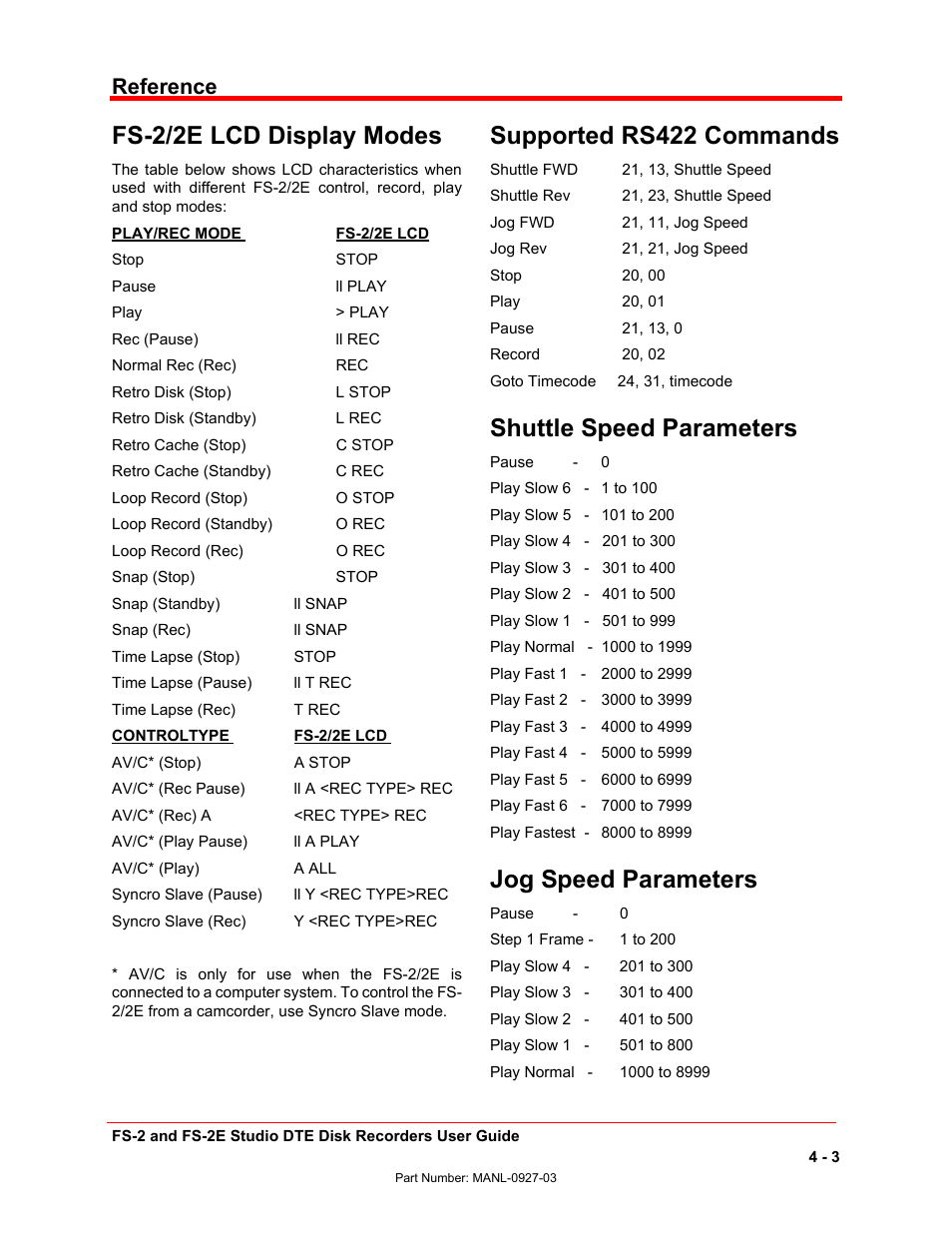 Fs-2/2e lcd display modes, Supported rs422 commands, Shuttle speed parameters | Jog speed parameters, Reference | FOCUS Enhancements FS-2/2E User Manual | Page 64 / 71