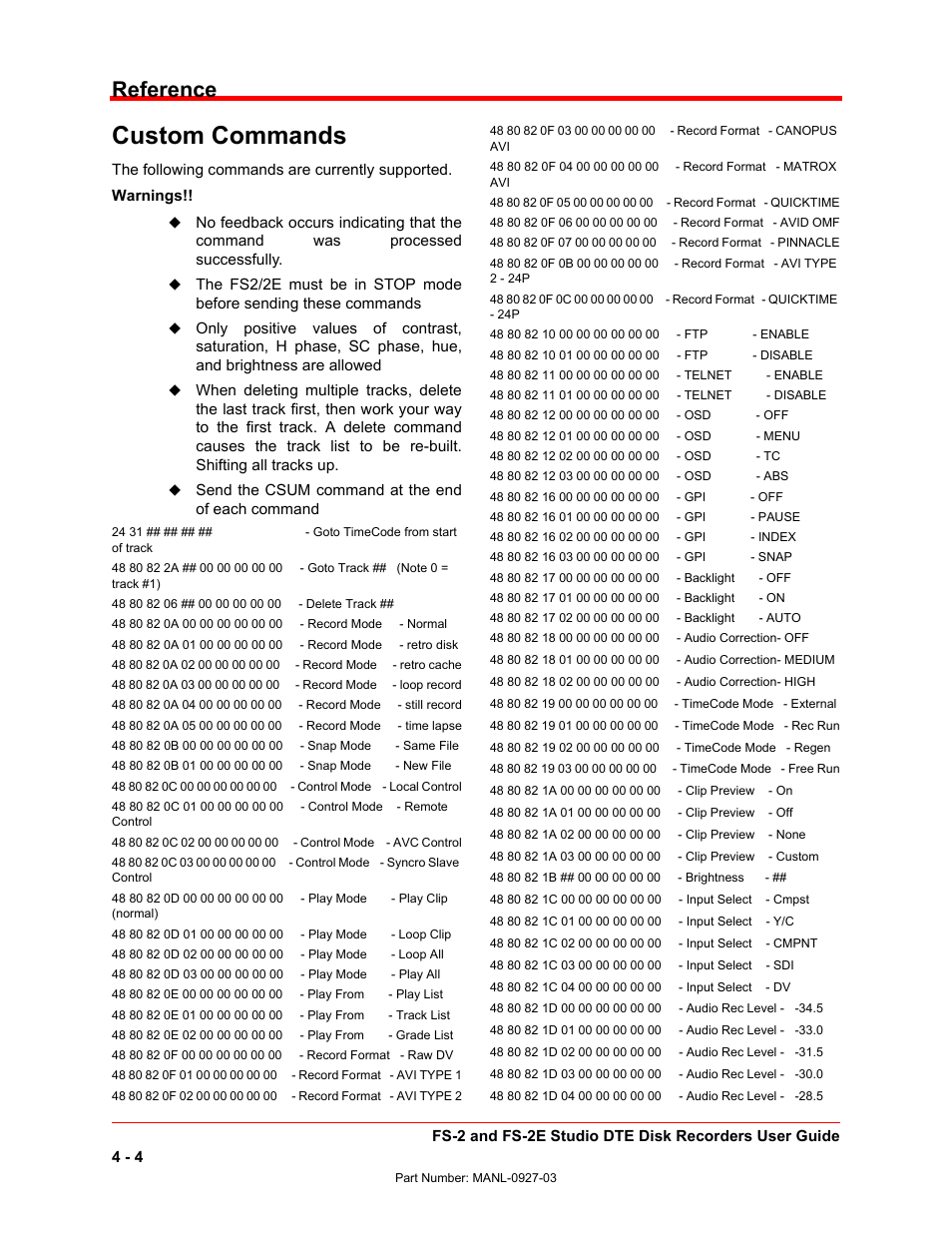 Custom commands, Reference | FOCUS Enhancements FS-2/2E User Manual | Page 65 / 71