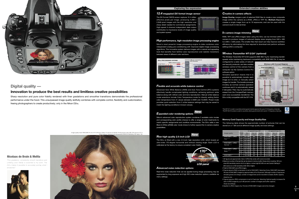 Digital quality, Nicolaas de bruin & melita, Megapixel dx format image sensor | Ew high-quality 2.5-inch lcd, Lexible and accurate white balance control, Dvanced noise reduction options, Xpanded color rendering options, Reative in-camera effects, Ireless transmitter wt-2/2a* (optional) | FOCUS Enhancements D2Xs User Manual | Page 5 / 8