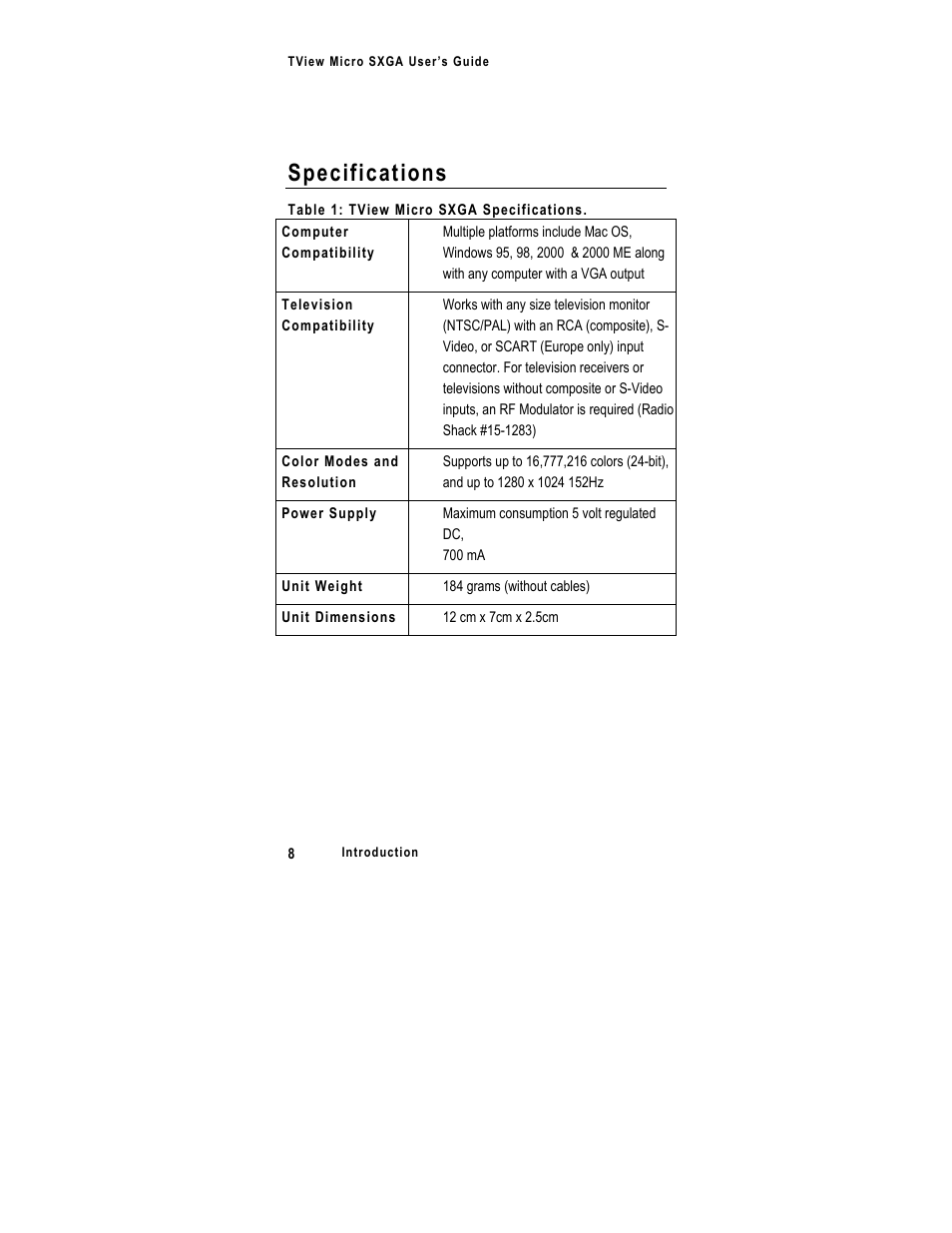 Specifications | FOCUS Enhancements SXGA User Manual | Page 12 / 45