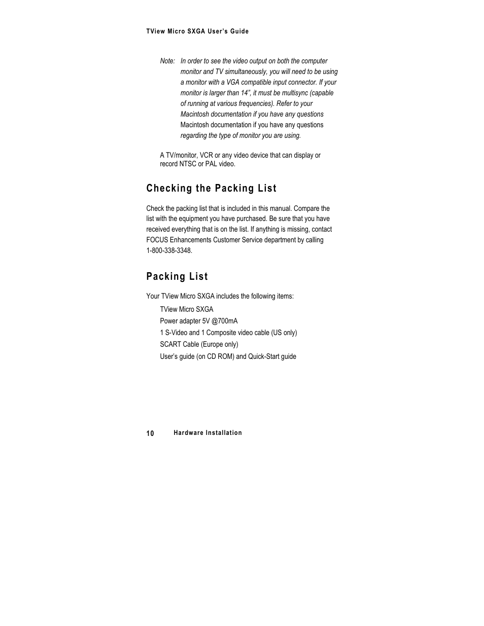 Checking the packing list, Packing list | FOCUS Enhancements SXGA User Manual | Page 14 / 45