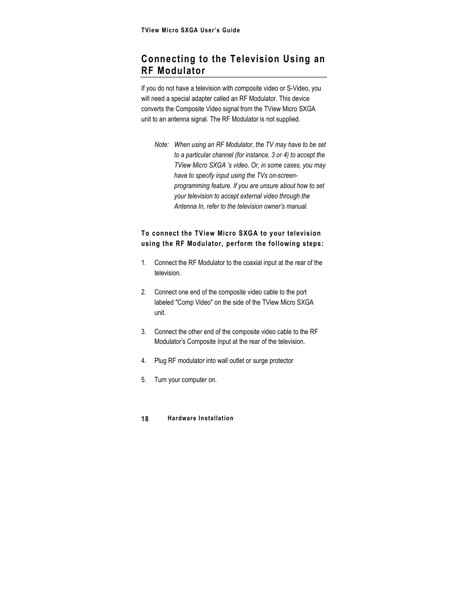 Connecting to the television using an rf modulator | FOCUS Enhancements SXGA User Manual | Page 22 / 45