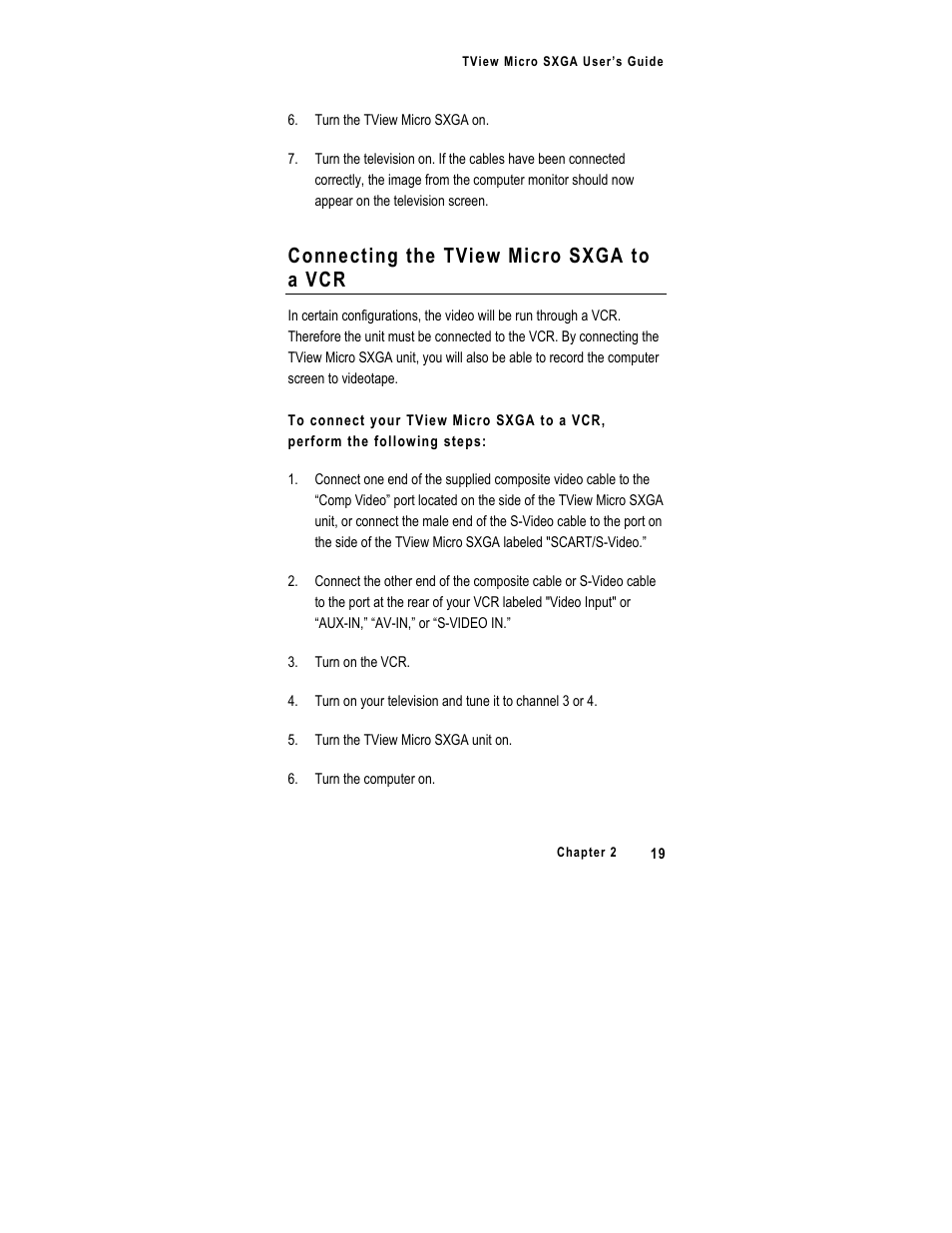 Connecting the tview micro sxga to a vcr | FOCUS Enhancements SXGA User Manual | Page 23 / 45