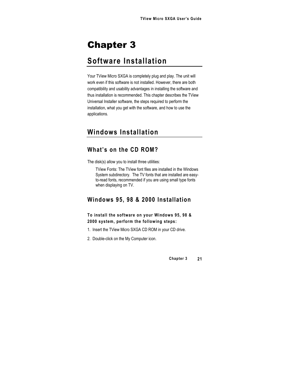 Chapter 3, Software installation, Windows installation | FOCUS Enhancements SXGA User Manual | Page 25 / 45