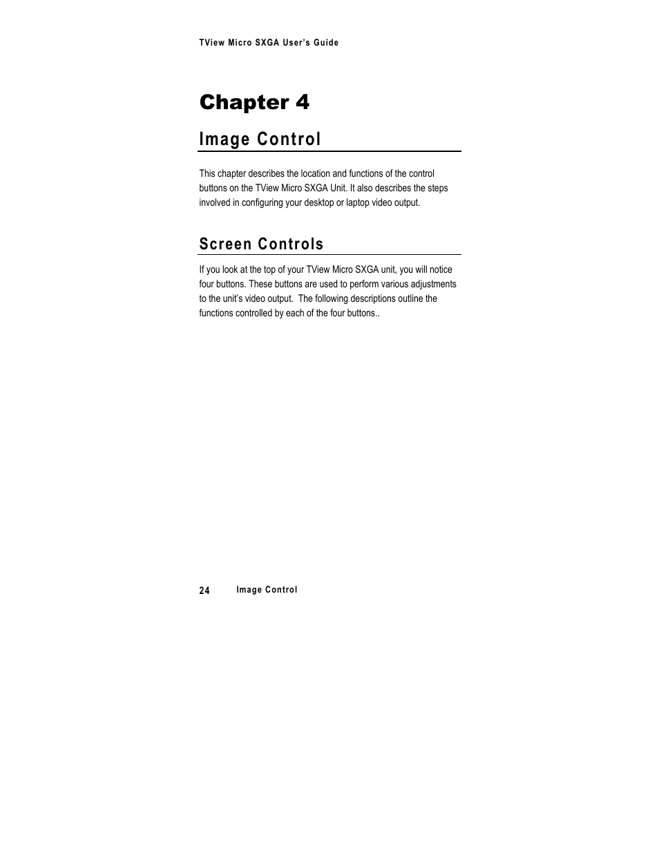 Chapter 4, Image control, Screen controls | FOCUS Enhancements SXGA User Manual | Page 28 / 45