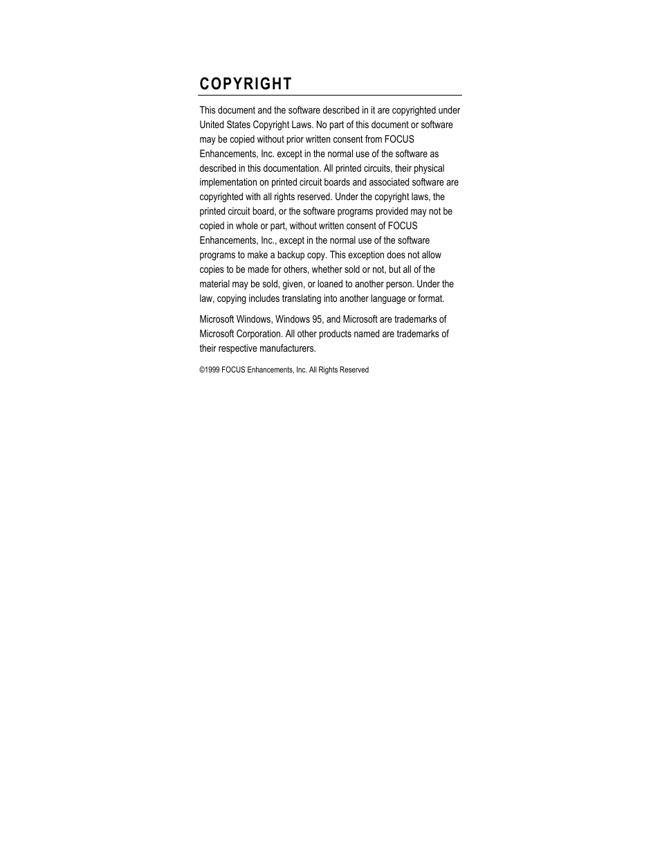 Copyright | FOCUS Enhancements SXGA User Manual | Page 3 / 45