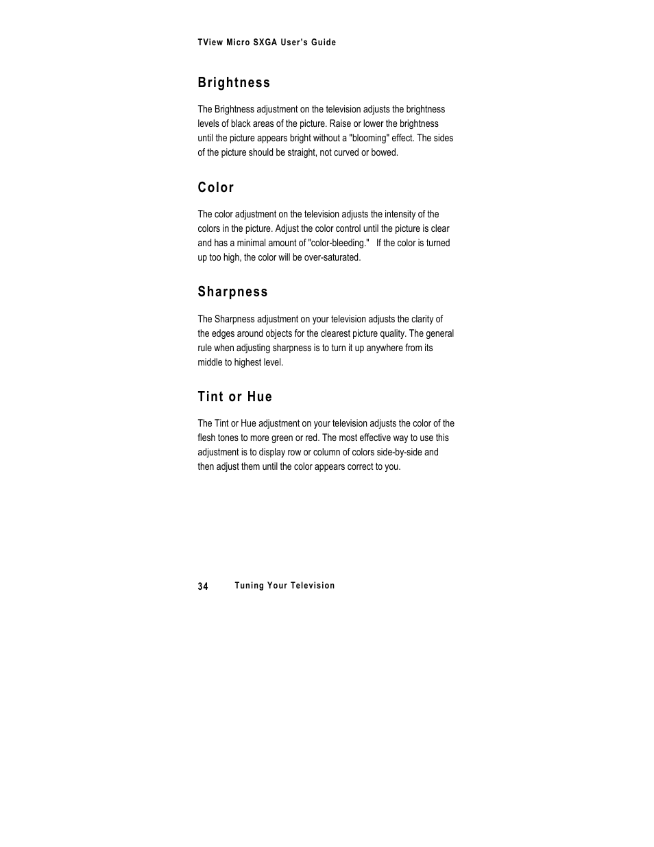 Brightness, Color, Sharpness | Tint or hue | FOCUS Enhancements SXGA User Manual | Page 38 / 45